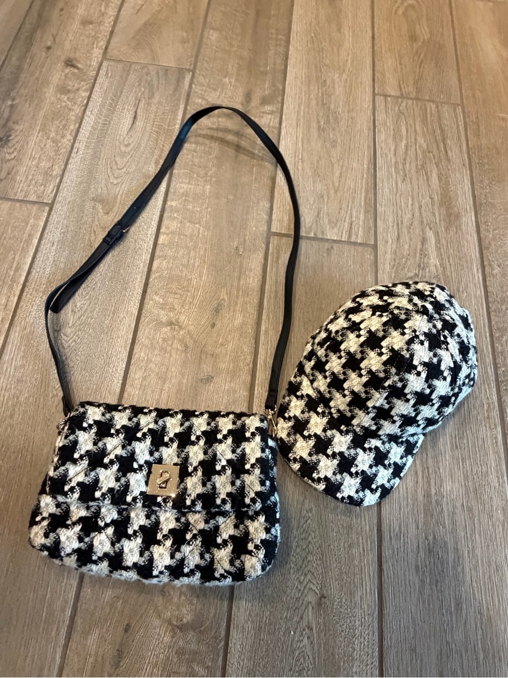 H&M Black & White Houndstooth Tweed Crossbody Bag + Baseball Cap Hat